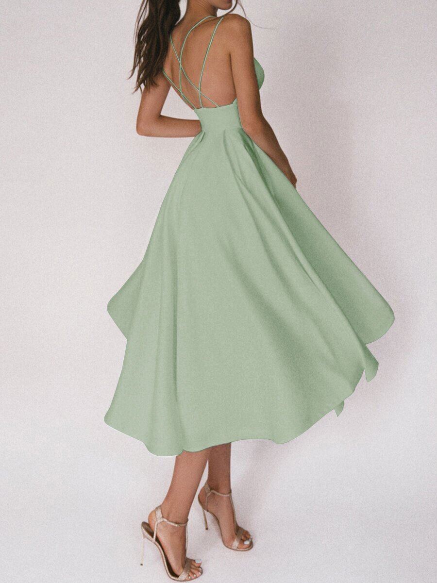 Women's Evening Dress - Deep V-Neck - A-Line Silhouette - Elegant Midi-Length