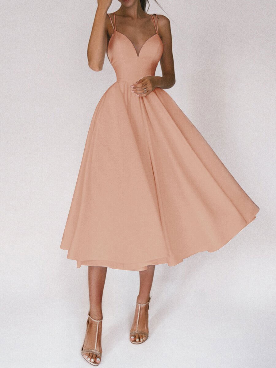 Women's Evening Dress - Deep V-Neck - A-Line Silhouette - Elegant Midi-Length