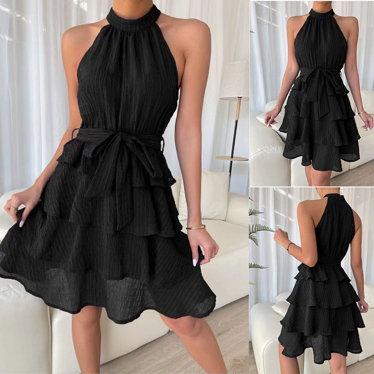 Women's Halterneck and Sleeveless Ruffle Dress
