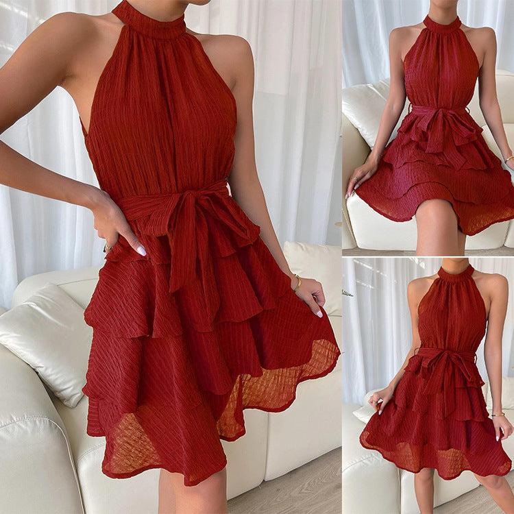 Women's Halterneck and Sleeveless Ruffle Dress