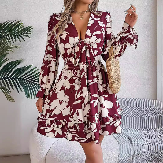 Floral Print V-Neck Ruffles Bowknot A-Line Short Dress