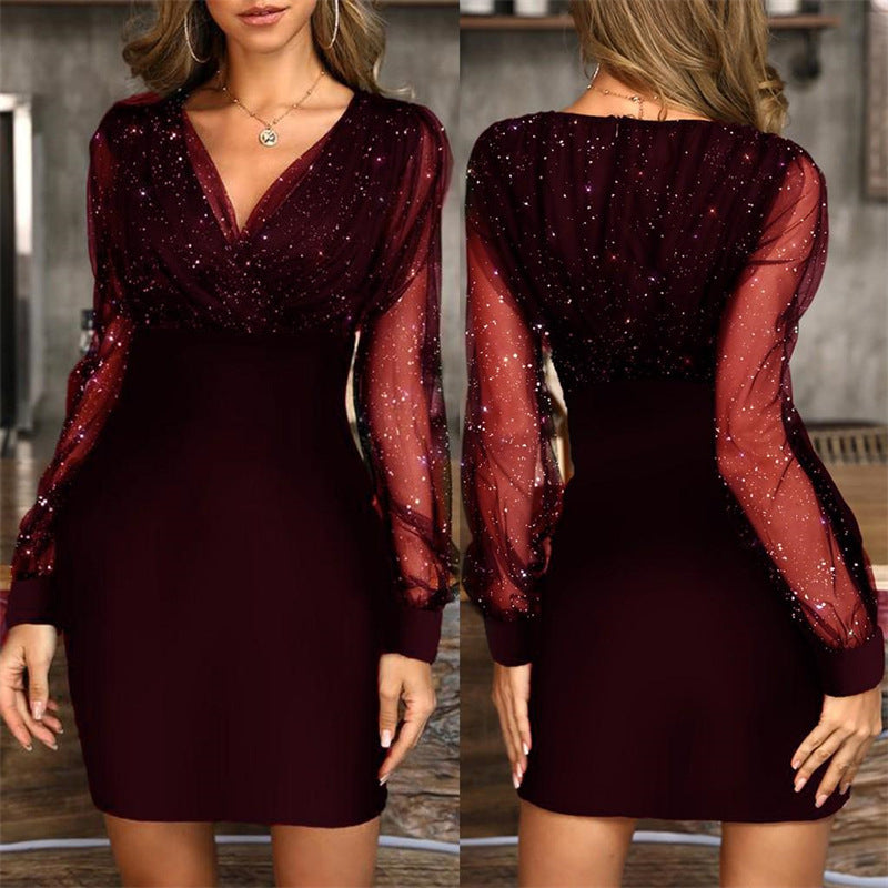Mesh V-neck Sequined Long Sleeve Dress