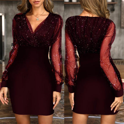 Mesh V-neck Sequined Long Sleeve Dress