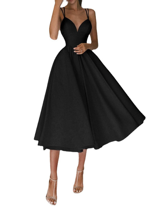 Women's Evening Dress - Deep V-Neck - A-Line Silhouette - Elegant Midi-Length