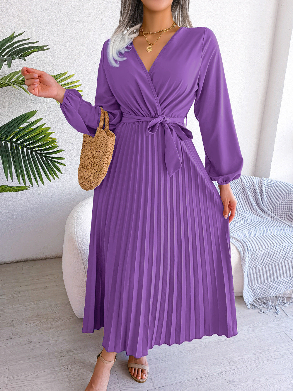 New Style Cross V-neck Pleated Dress