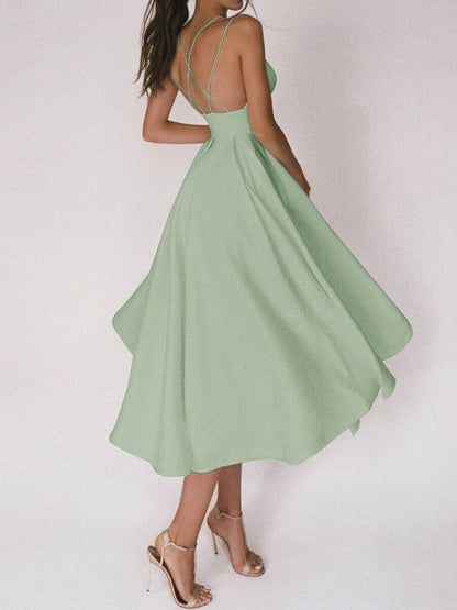 Women's Evening Dress - Deep V-Neck - A-Line Silhouette - Elegant Midi-Length