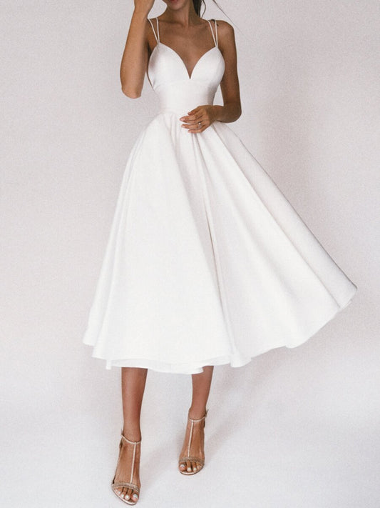 Women's Evening Dress - Deep V-Neck - A-Line Silhouette - Elegant Midi-Length
