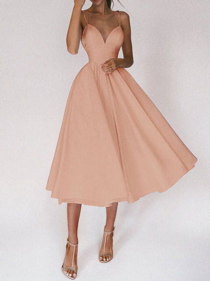 Women's Evening Dress - Deep V-Neck - A-Line Silhouette - Elegant Midi-Length