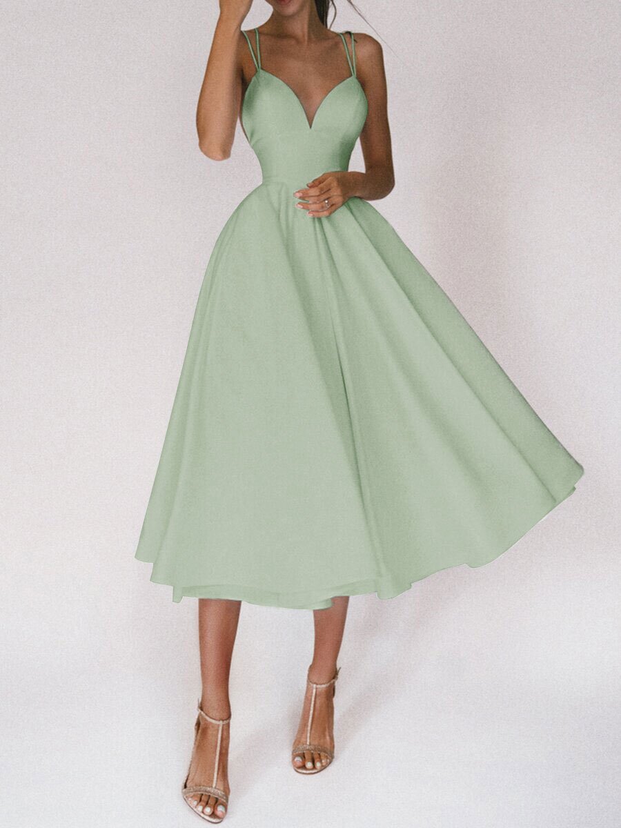 Women's Evening Dress - Deep V-Neck - A-Line Silhouette - Elegant Midi-Length