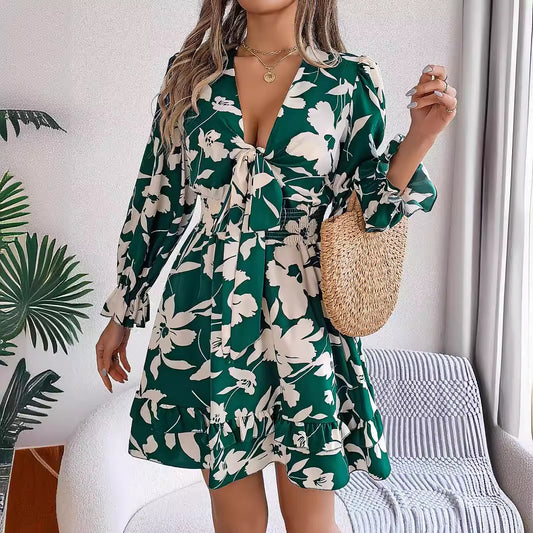 Floral Print V-Neck Ruffles Bowknot A-Line Short Dress